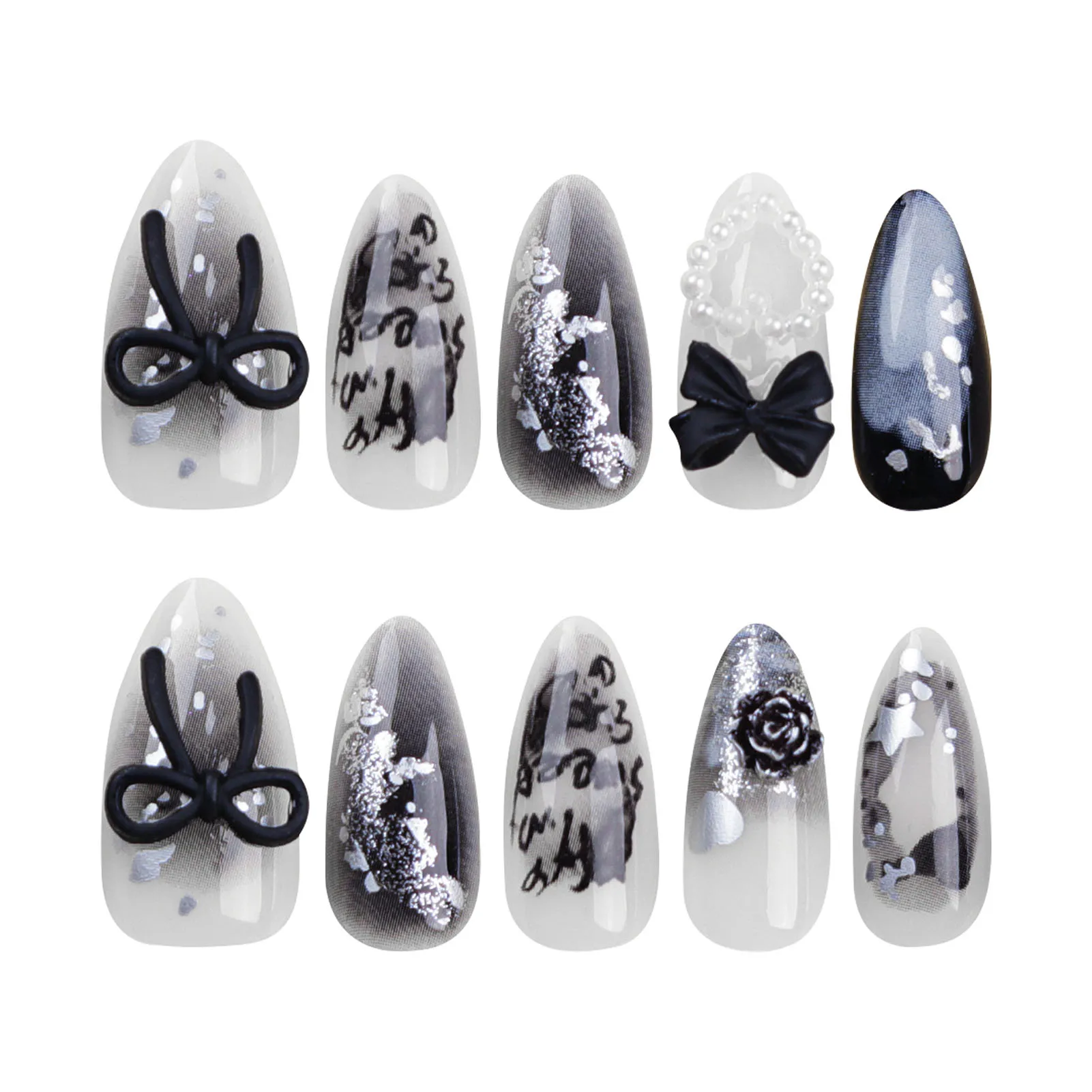 Almond False Nail for Women Pearl and Bowknot Decor Removable Artificial Nail for Women Girls Nail Decoration