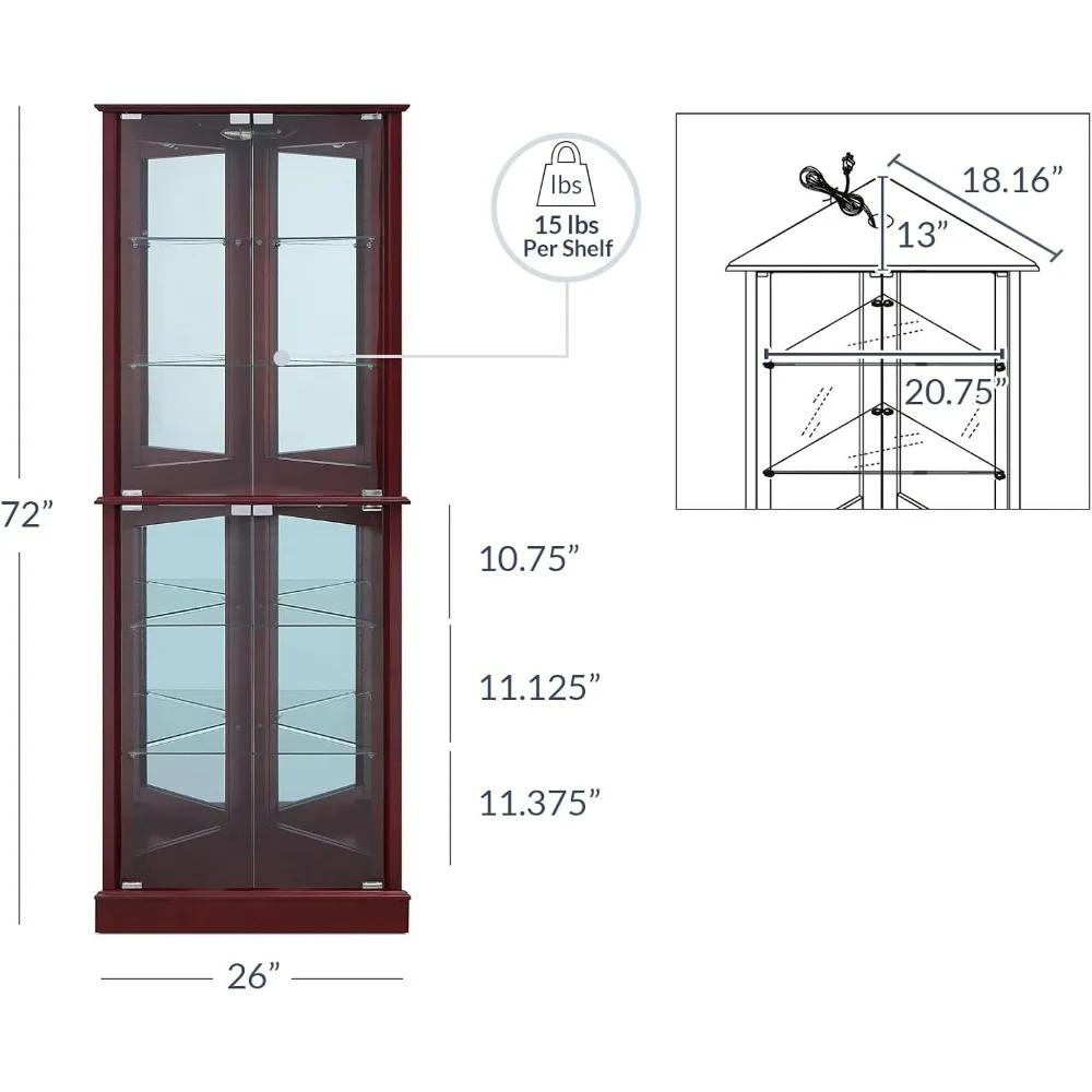 Lighted Corner Display Curio Cabinet Wooden Shelving Unit with Tempered Glass Door, Bar and Liquor Storage Area with 6 Shelves