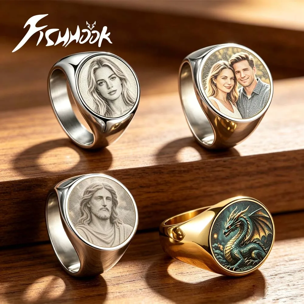 Memorial Photo Finger Rings Logo Personalized Custom Portrait Matching Couple Ring Gift For Woman Men Stainless Steel Jewelry