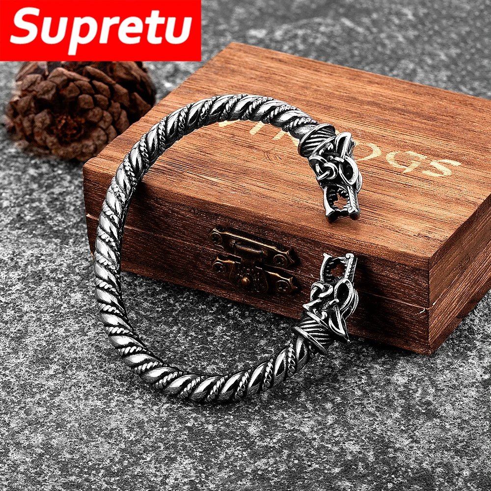 Punk Men Vikings Odin Wolf Cuff Bangle Norse Mythology Geri&Freki Amulet Open Bracelet Antique Stainless Steel Jewelry Male Gift