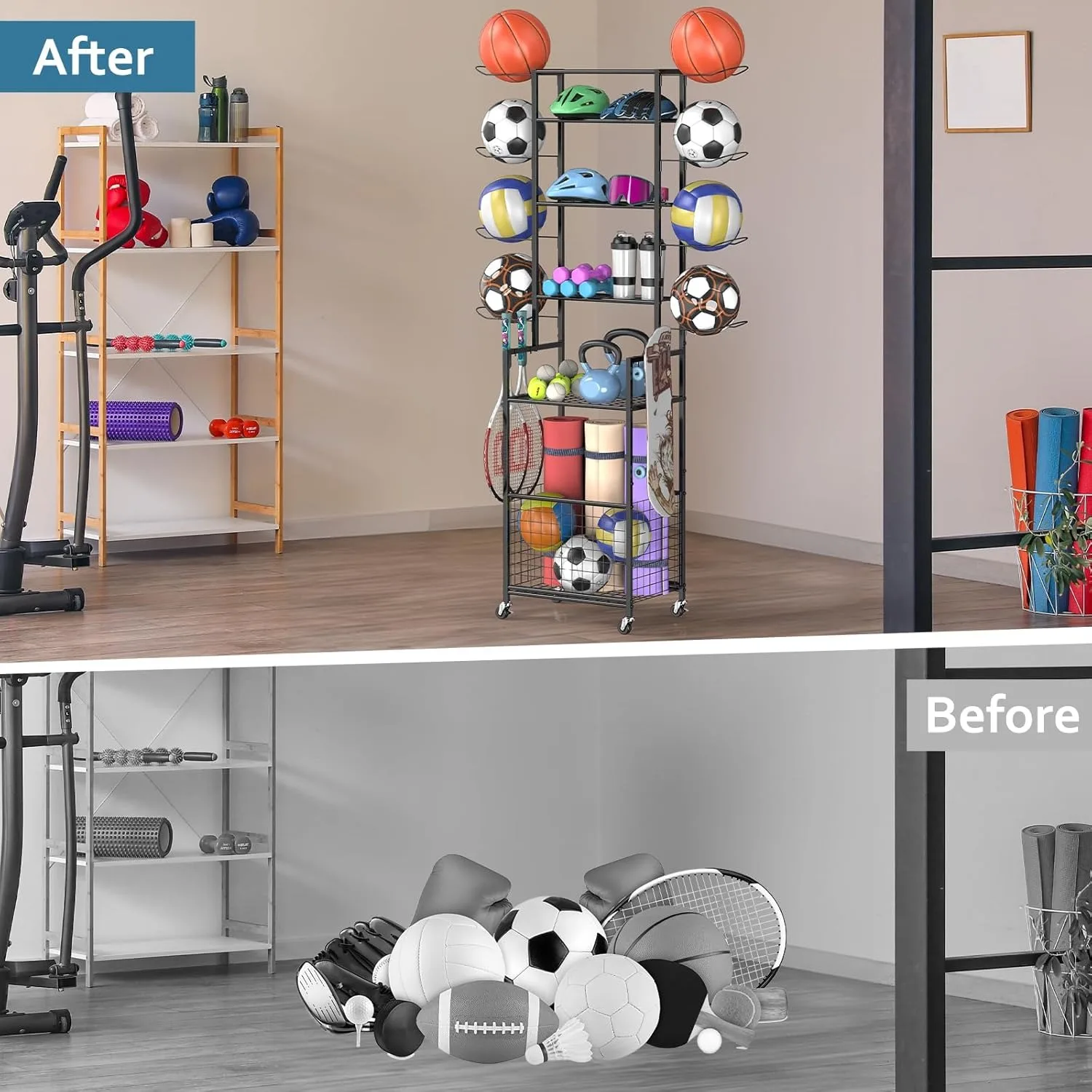 6段バスケットボールラック、ホイール、収納バスケットとフック付き、ガレージ/屋外用の多用途スポーツオーガナイザー - ブラック