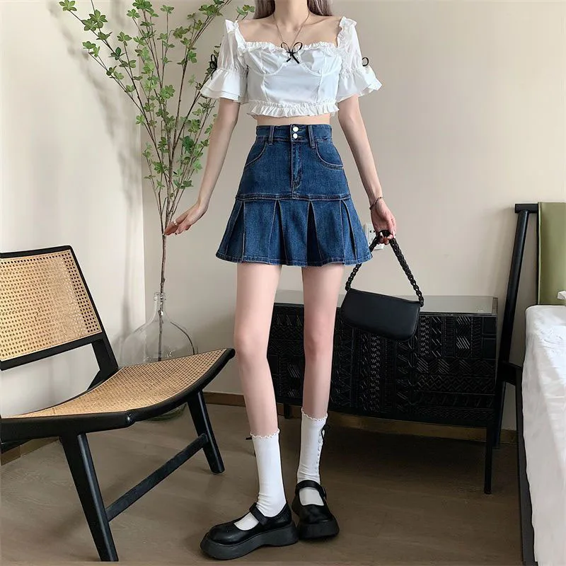 Lucyever Korean Style Women\'s Mini Denim Skirt Fashion High Waist A-Line Jean Skirts Woman 2025 Summer New Street Pleated Skirts