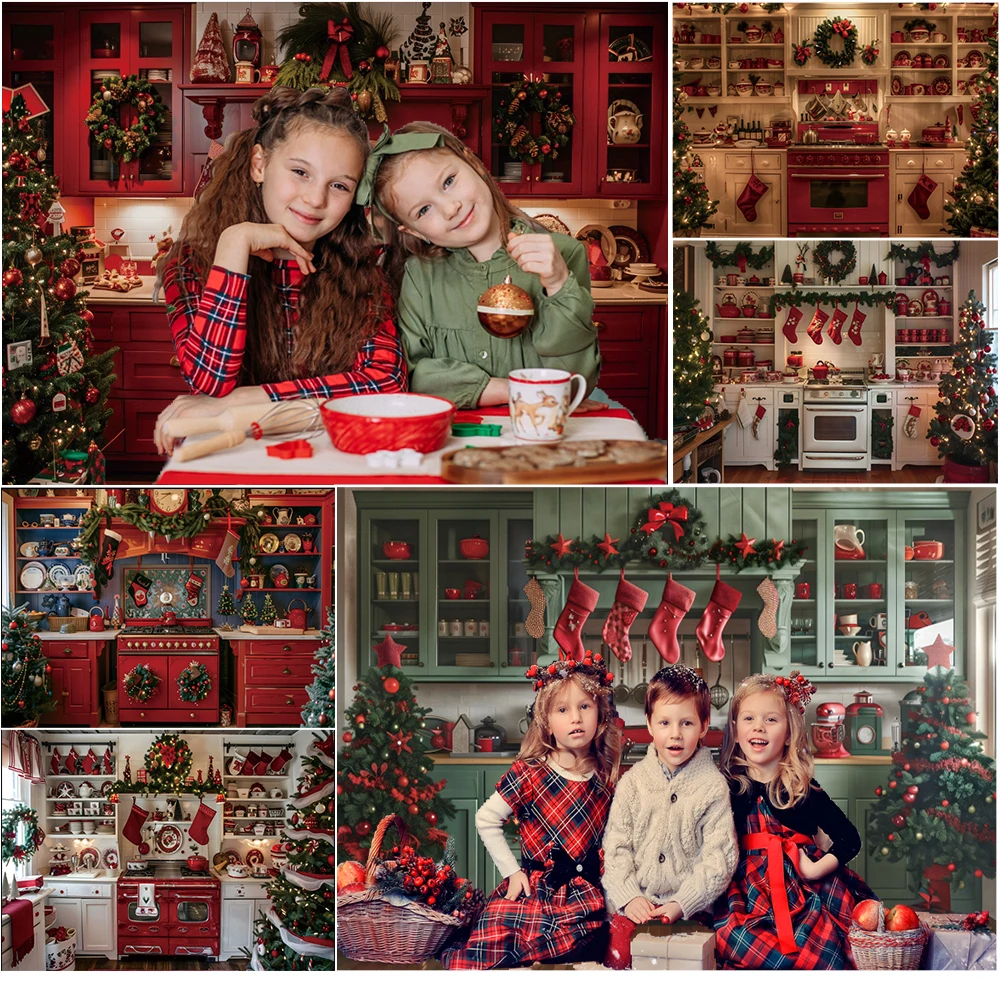 

Christmas Kitchen Photography Backdrop Xmas Tree Cupboard Restaurant Cook Family Party Kids Portrait Background Photo Studio