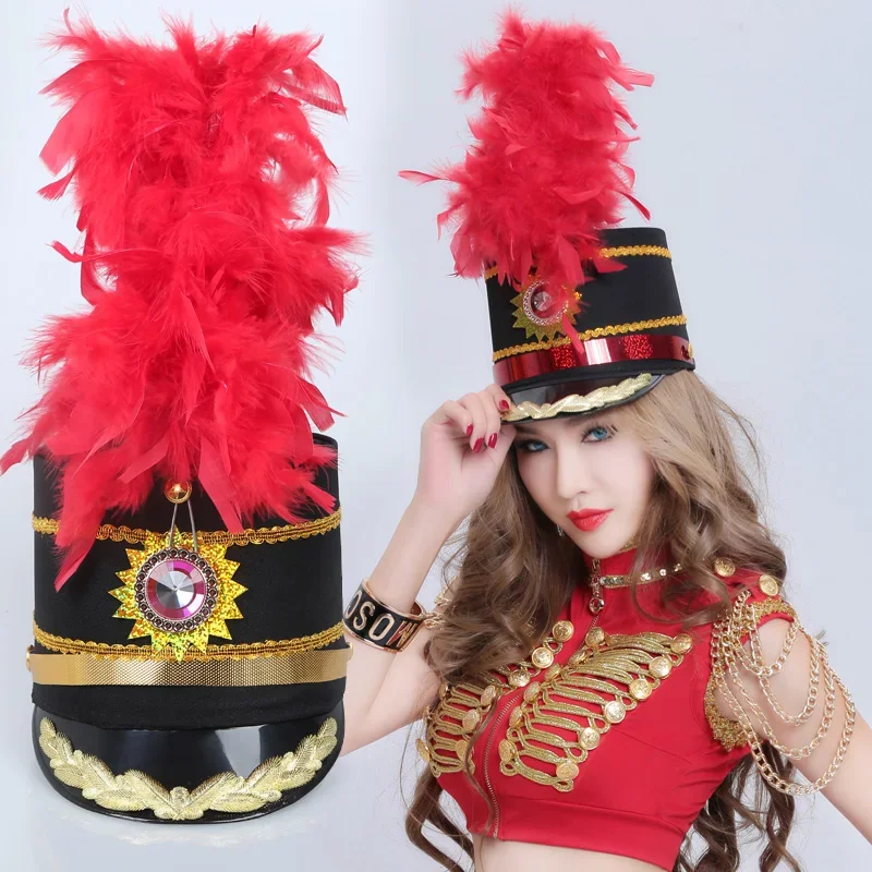 

Honor Guard Top Hats For Kids Adults Red Feather Hat Fashion School Performance Accessories Music Team Party Singer Wear
