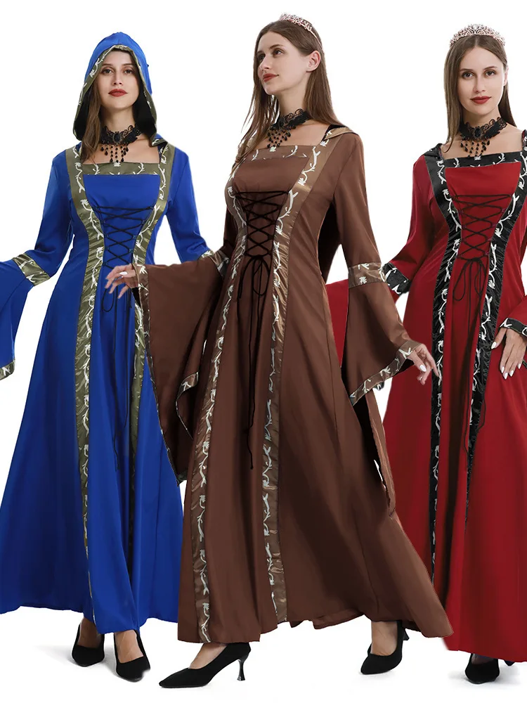 

loween Vintage Medieval Hooded Dr Square Collar Belted Flared Skirt Stage Performance Costume Women's Ethnic Faion