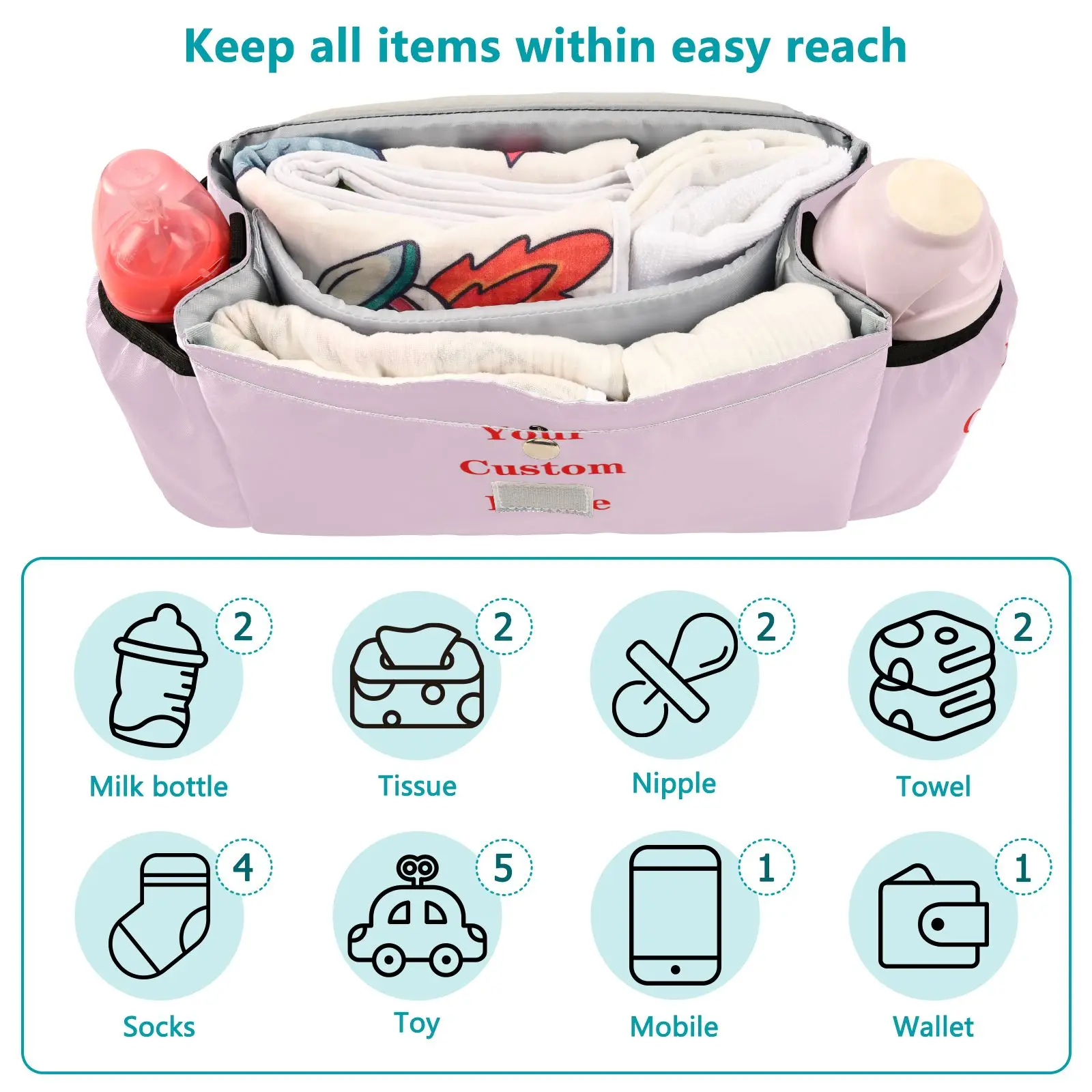 Universal Buggy Baby Stroller Organizador, Titular personalizado garrafa, Multiuso Caddy saco de armazenamento, Mummy Bag Acessório