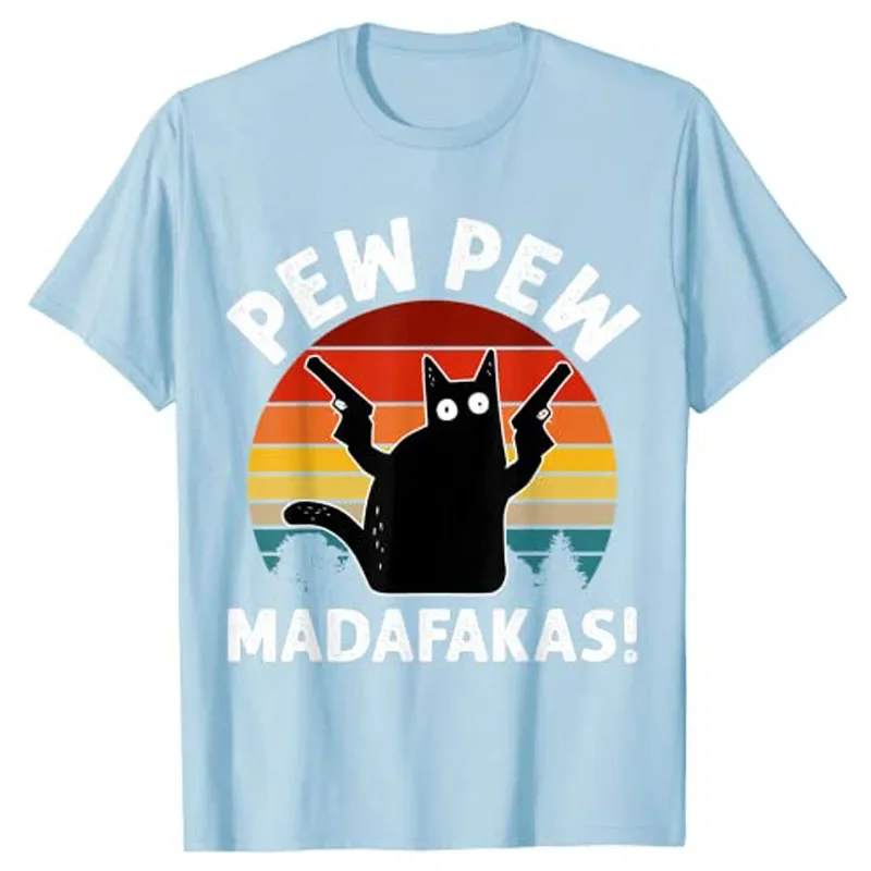 Vintage Retro Black Cat Pew Pew Madafakas! Graphic T-Shirt Aesthetic Clothes Cute Kitty Cat Dad Short Sleeve Graphic Outfit Gift