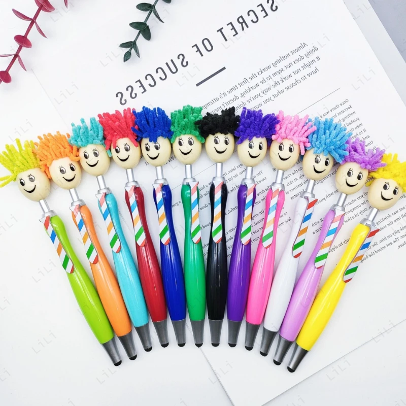 

Doll Head Plush Cartoon Hair Ballpoint Pen Smiling Face Expression Ballpoint Pen Touchscreen Pen Student Fun Gift Stationery