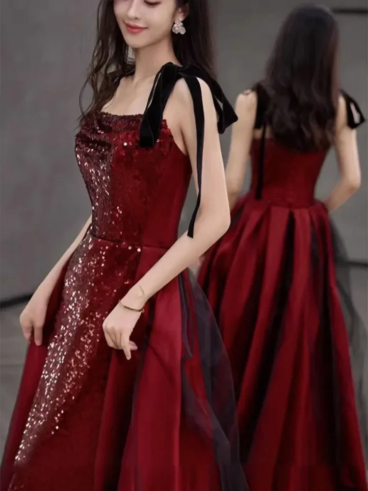 Customized Wine Red Temperament Sling Wedding Party Dresses Slim Waist Sequin Patchwork Prom Vestidos Elegant Lace-up Long Eveni