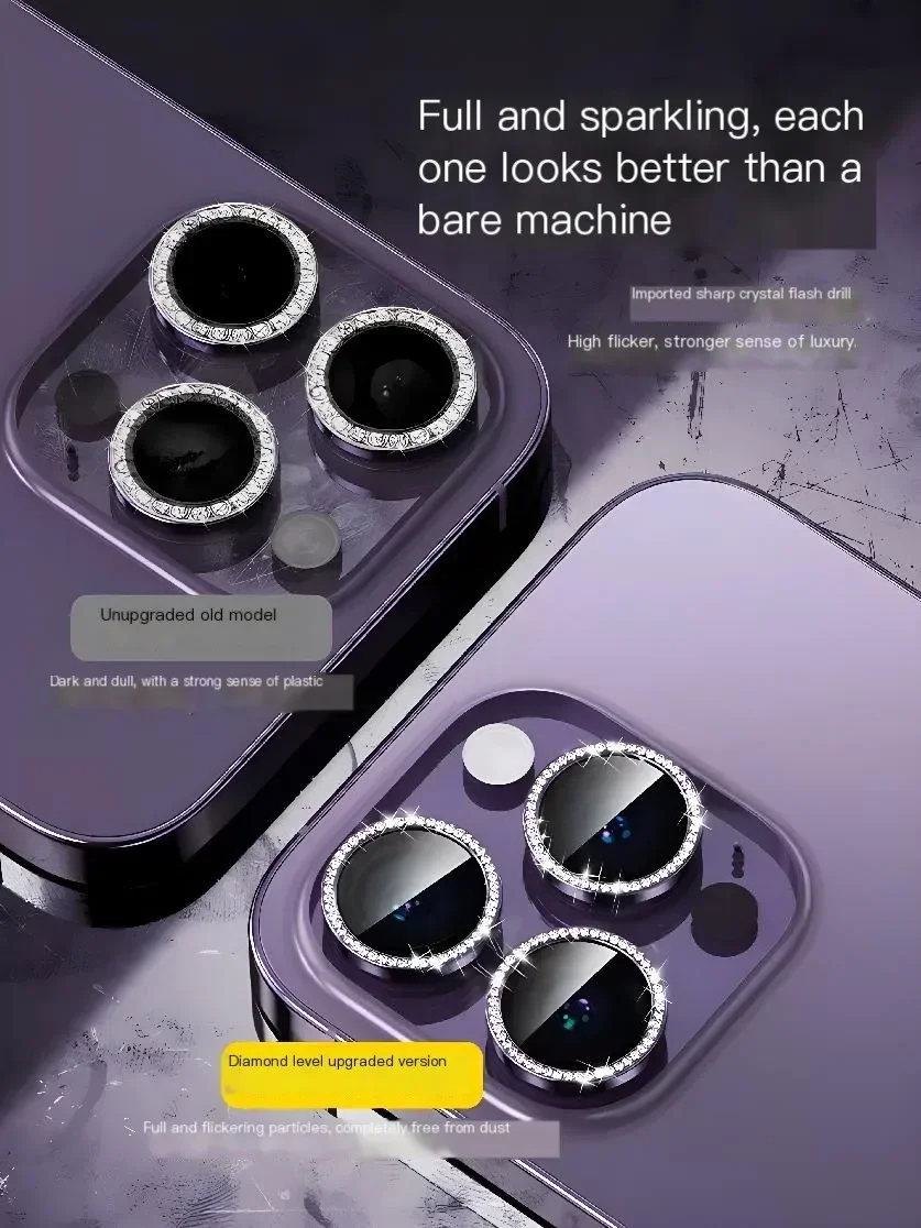 2-3Pcs Diamond Glitter Camera Protection For Iphone 15 16 Pro Max Plus Lens Glass On Iphone 13 12 11 Pro Max Metal Ring