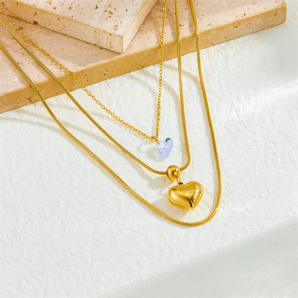 316L Edelstahl Goldene Hohle Herz Weiß Kristall Multilayer Halskette Für Frauen Neue Mode Hals Kette Schmuck Geschenk