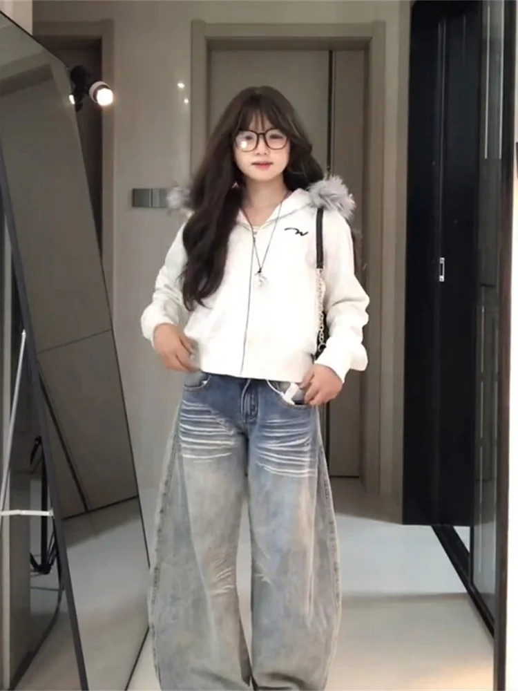 Americano retro ort gola de pele jaet feminino outono inverno thiened solto com capuz zíper cardigan camisola