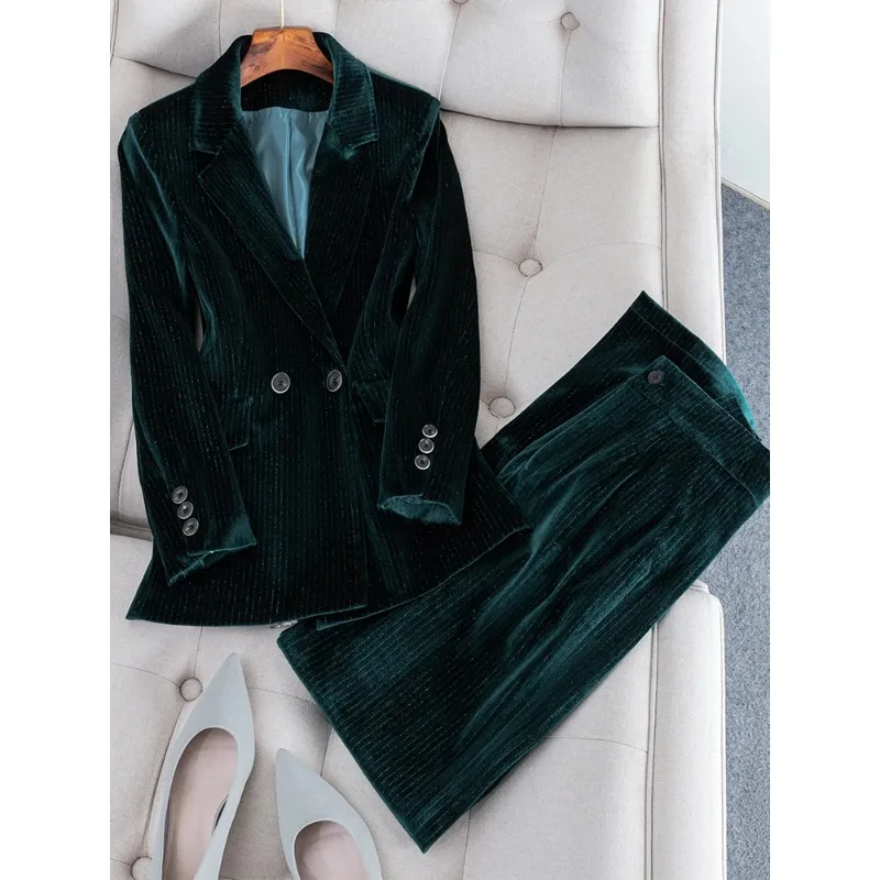 Blazer de veludo e calça feminina, conjunto formal de 2 peças, roupa de trabalho de negócios, vermelho, azul, listra verde, jaqueta para senhoras, outono, inverno