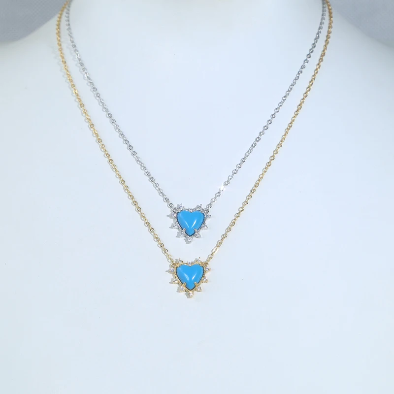 Fashion Heart Shaped Necklace For Women Big Single Turquoises Stone Simple Classic Jewelry