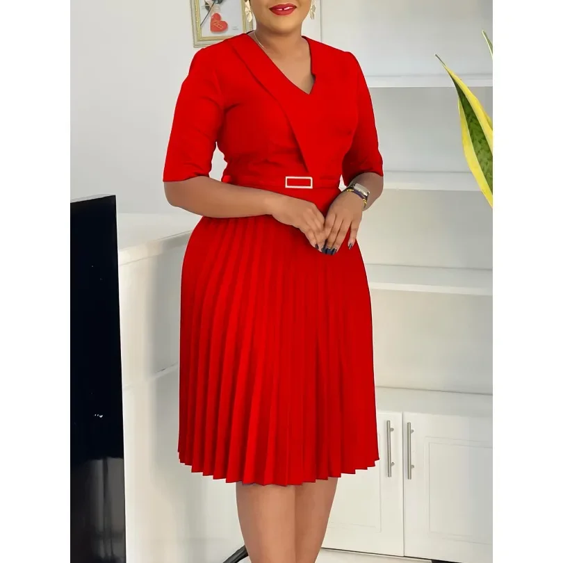 Customized Elegant Dress Women for Wedding Party 2025 Summer African Short Sleeve V-neck Polyester Midi Pleat Dress Dashiki Afri