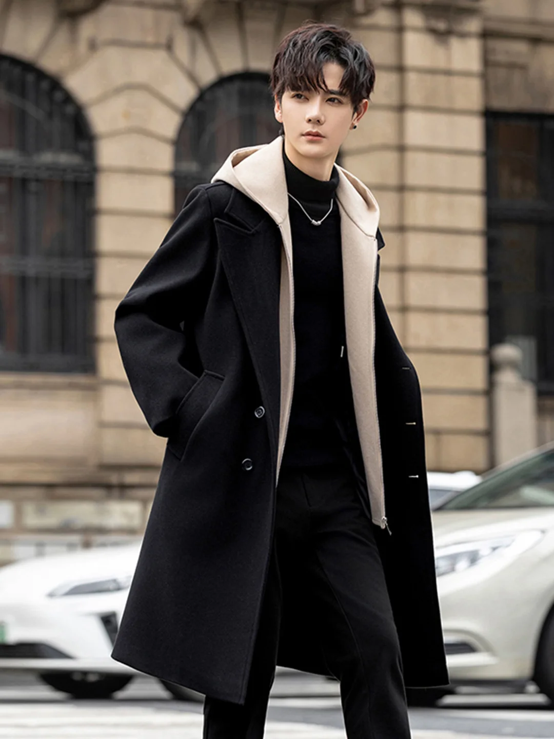 

Ele Long Over-Knee Men's Woolen Coat with Hat Faionable Patchwork Super Long Color Blo Men's Windbreaker Jaet