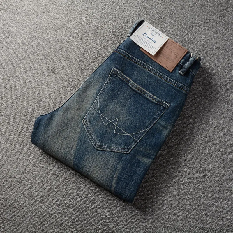 European Vintage Fashion Men Jeans High Quality Retro Blue Elastic Slim Designer Jeans Men Trousers Casual Denim Pants Hombre