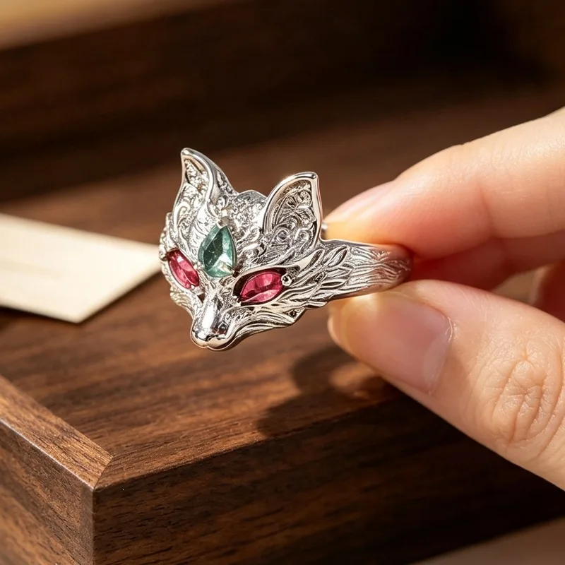 New Creative Fashion Nine Tailed Fox 925 Sterling Silver Jewelry Artistic Retro Colorful Zircon Animal Opening Rings  02926
