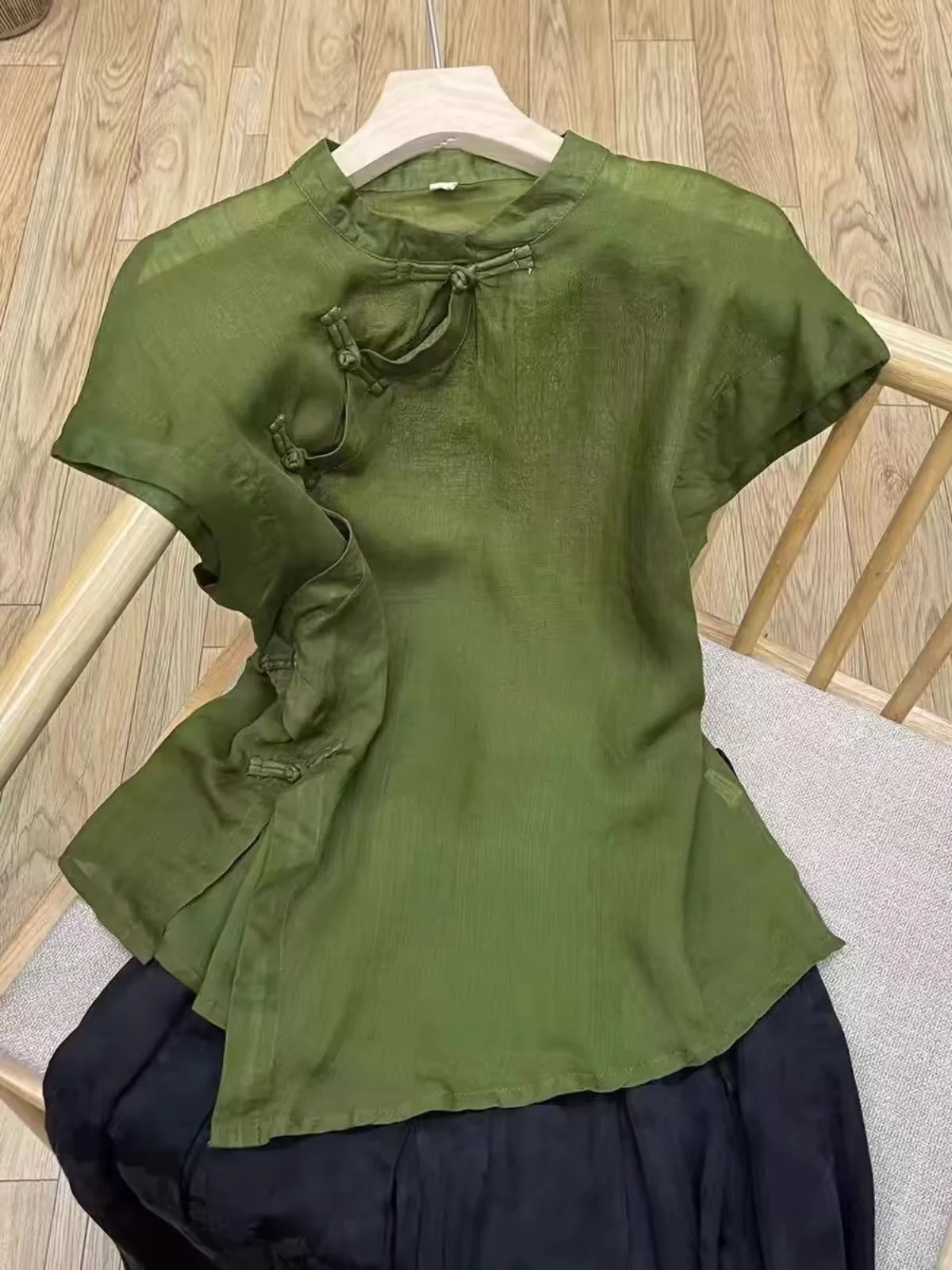 

Ele Chinese Sle Women's irt Linen Material Asymmetrical Button Design oulder-Drifting Sve Artistic Temperament Top