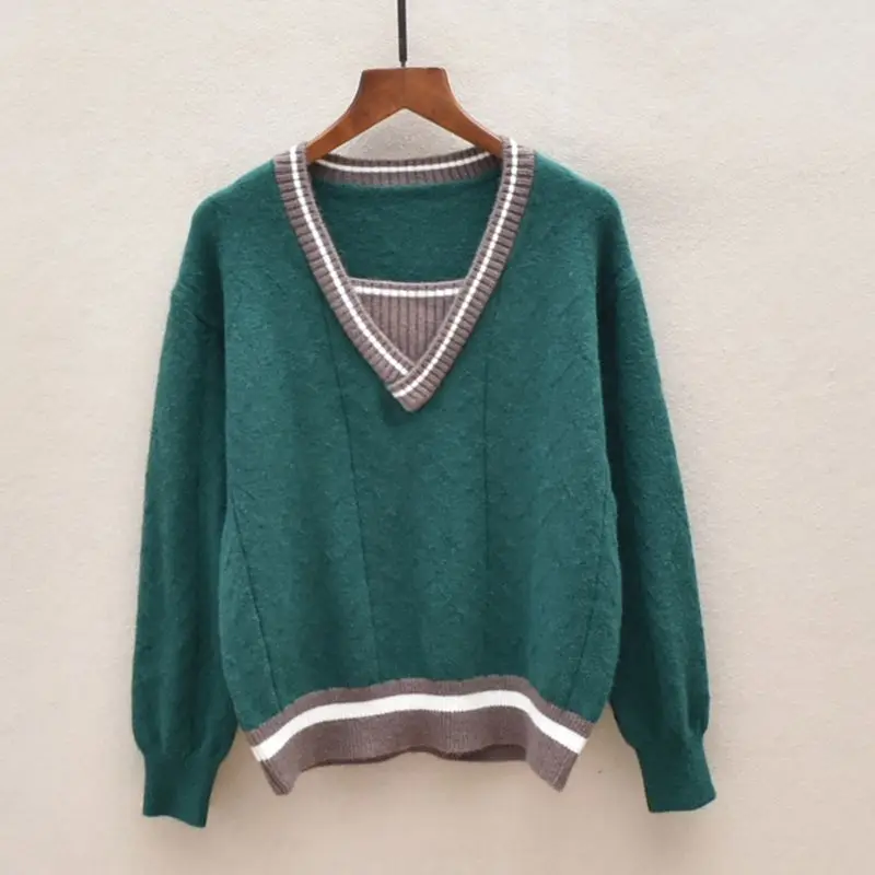 

Autumn Winter Thi Long Sve Overhead Women's Sweater Versatile Fake Two-Piece Sle Comfortable Fit Knitwear for Ladies