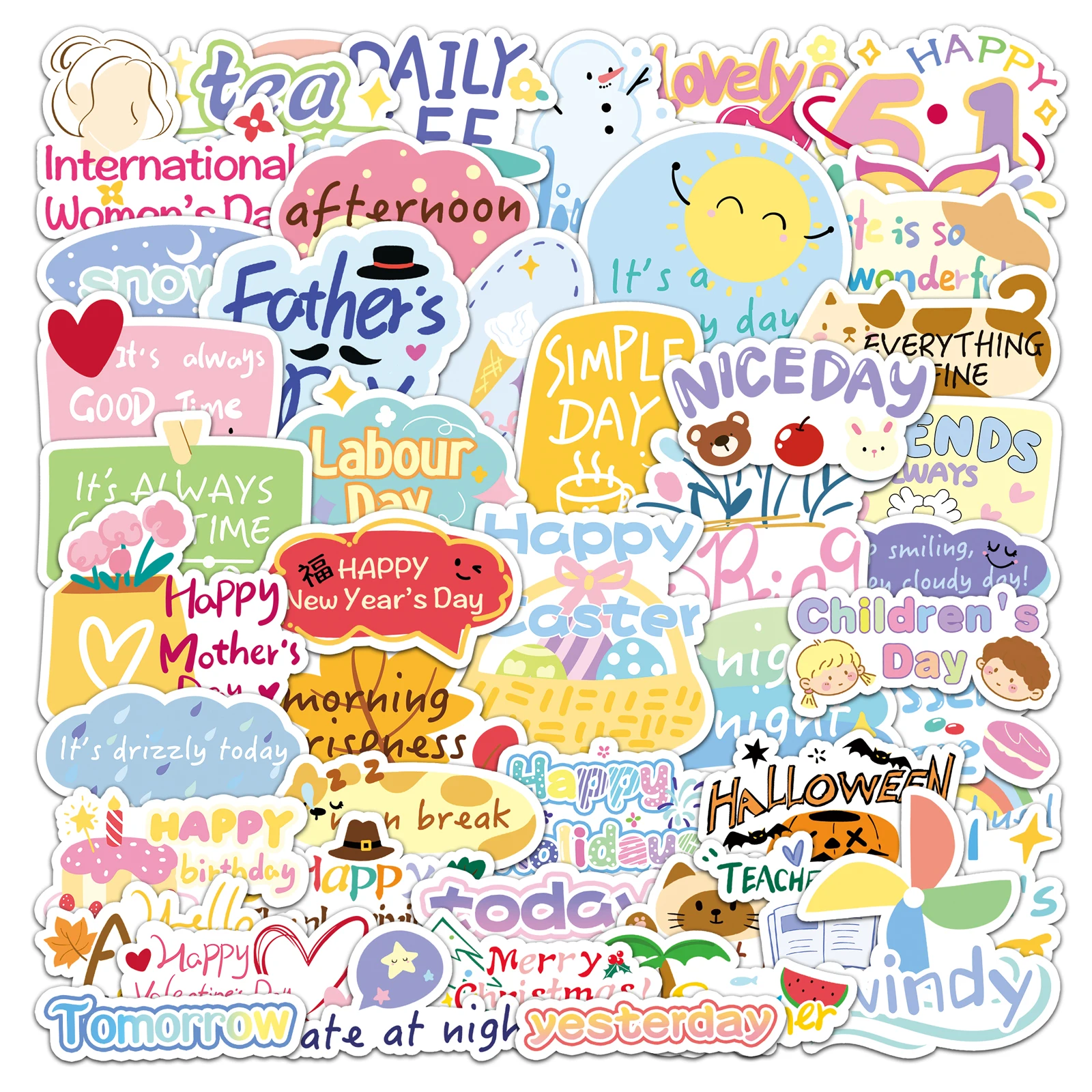 

50Pcs Cute Cartoon Festival Day Series Cartoon Cute Waterproof Sticker Skateboarding Retro home decal Sticker