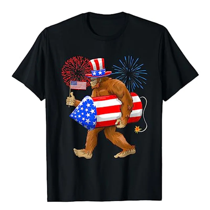 Bigfoot American Flag Funny 4th of July Sasquatch Believe T-Shirt Camper, Hiker, Animal Lovers Graphic Tee Tops Firework Outfits