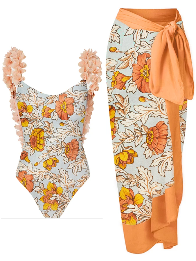 

Orange Flower Print Women's One-Piece Swimsuit And Cover-Up Three-Dimensional Floral Design Backless Sexy Bikini Beach Resort