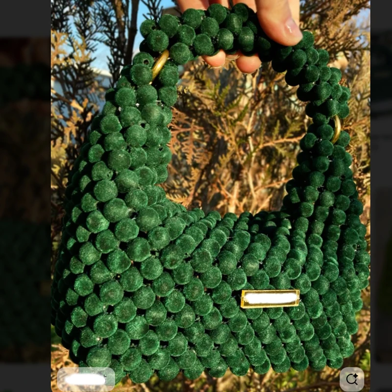 

Green Velvet Bead Handmade Women's Bag Autumn Winter Fashion Versatile Handbags for Women Customizable Color Wholesale Bags