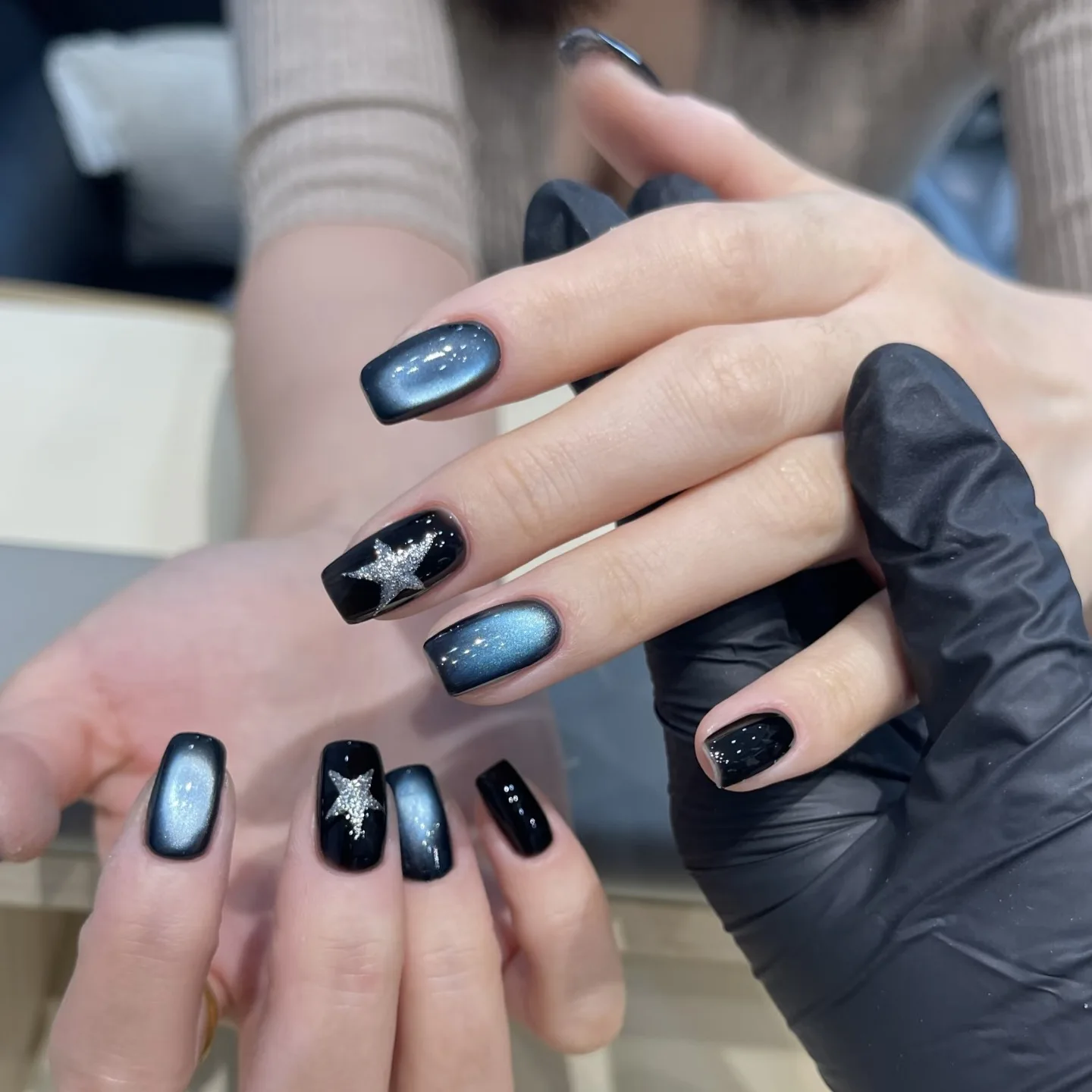 

10pcs Short Coffin Fake Nails Black Blue Gradient Press On Nails Star Full Cover Wearable False Nails