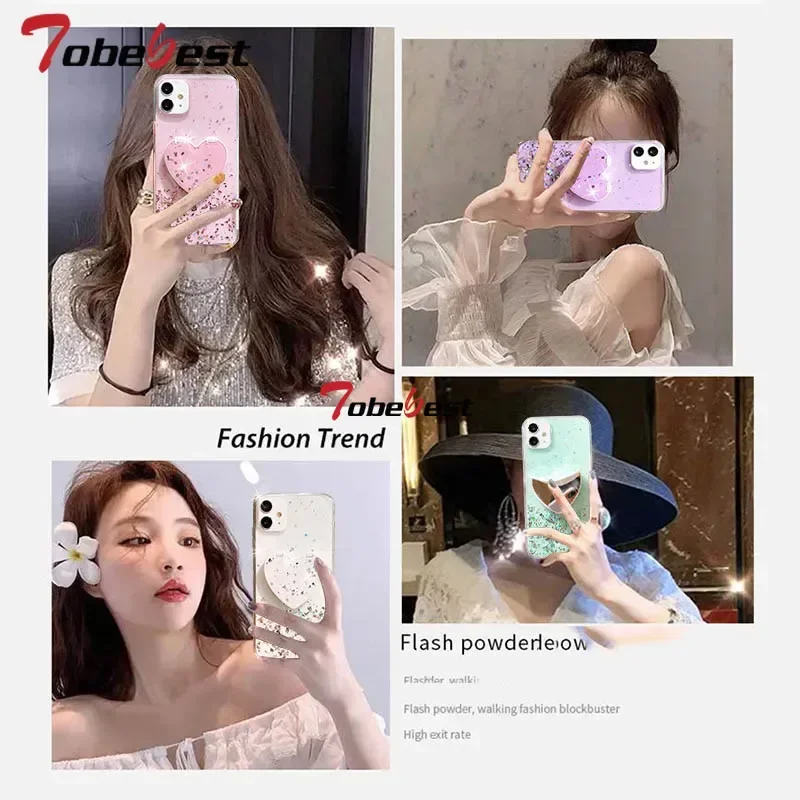 Glitter Heart Mirror Phone Holder Case For Samsung Galaxy A16 A26 A36 A56 A06 A15 A25 A35 A55 A14 A25 A35 A54 A05 4G 5G Cover