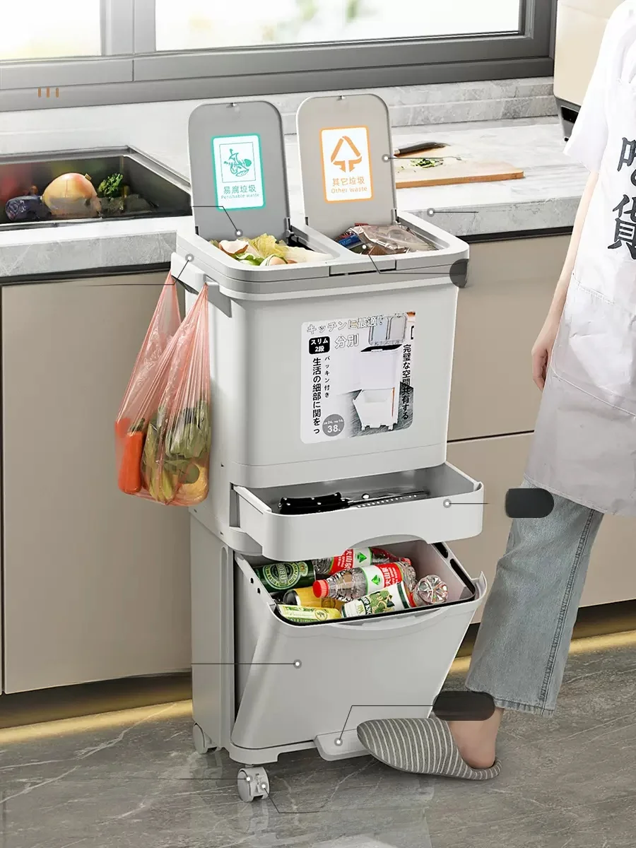 

Большая кухонная корзина Capaci, педаль с крышкой для хранения, мобильная корзина для мусора с отделением для влажной и сухой муки, домашнее использование Utili