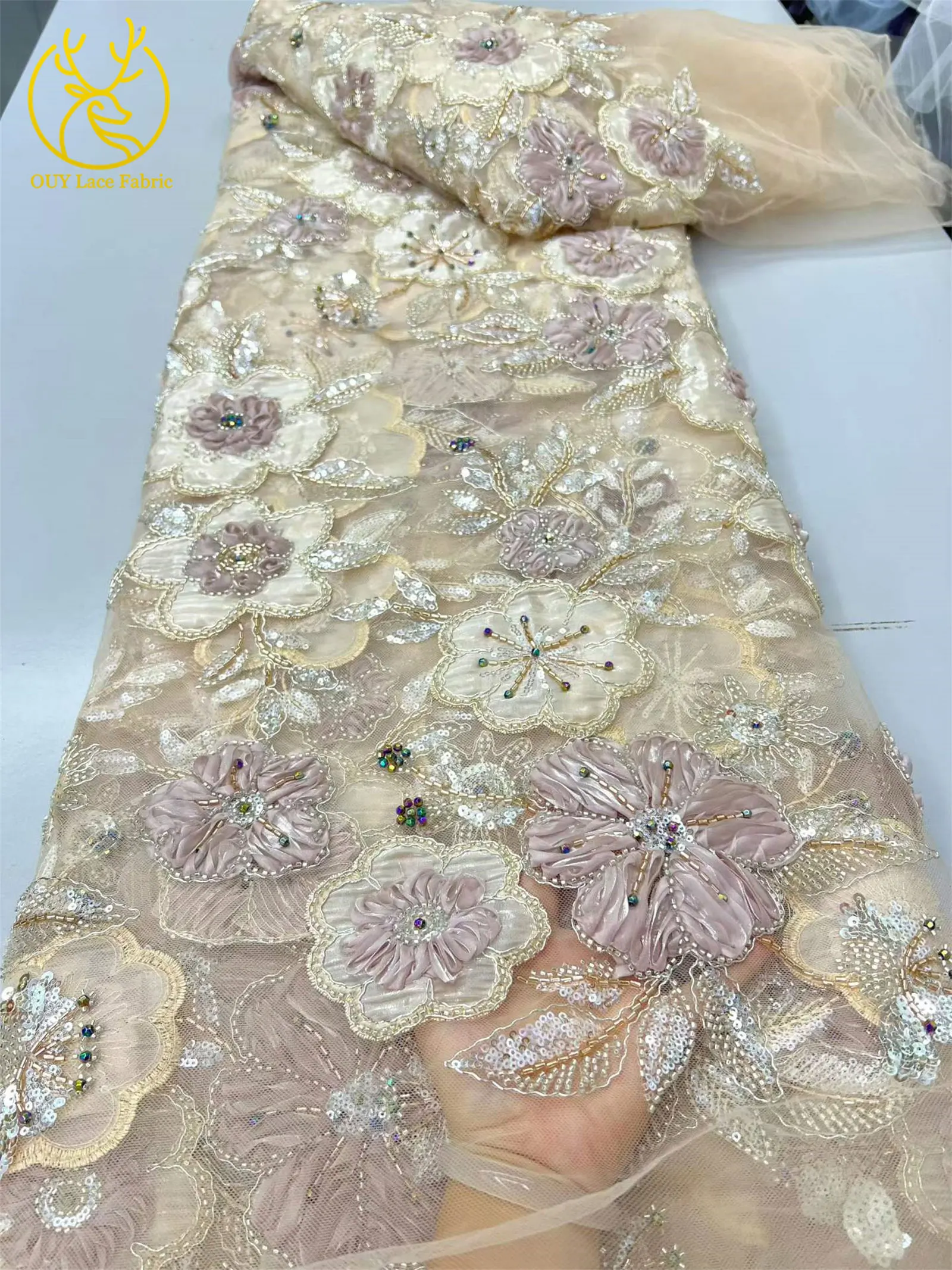 Afrikanischer Pailletten-Perlen-Spitzenstoff, hochwertiger nigerianischer französischer 3D-Blumen-Spitzenstoff für Kleidung, DIY, handgefertigter Stoff, 5 Yards – Detail 8