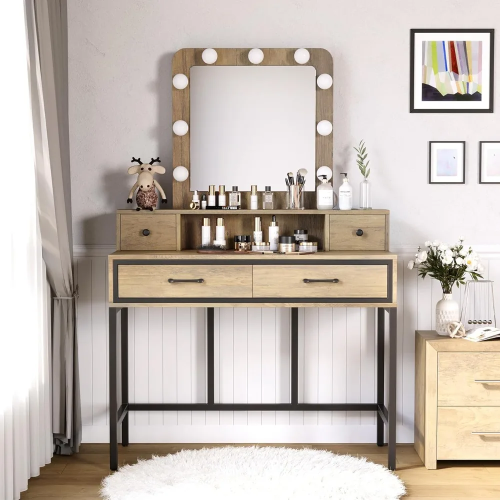 

Sunvivi Vanity, Makeup Vanity Desk with 3 Color Dimmable Lighted Hollywood Mirror, Vanity with 4 Drawers, Large Dressing Table