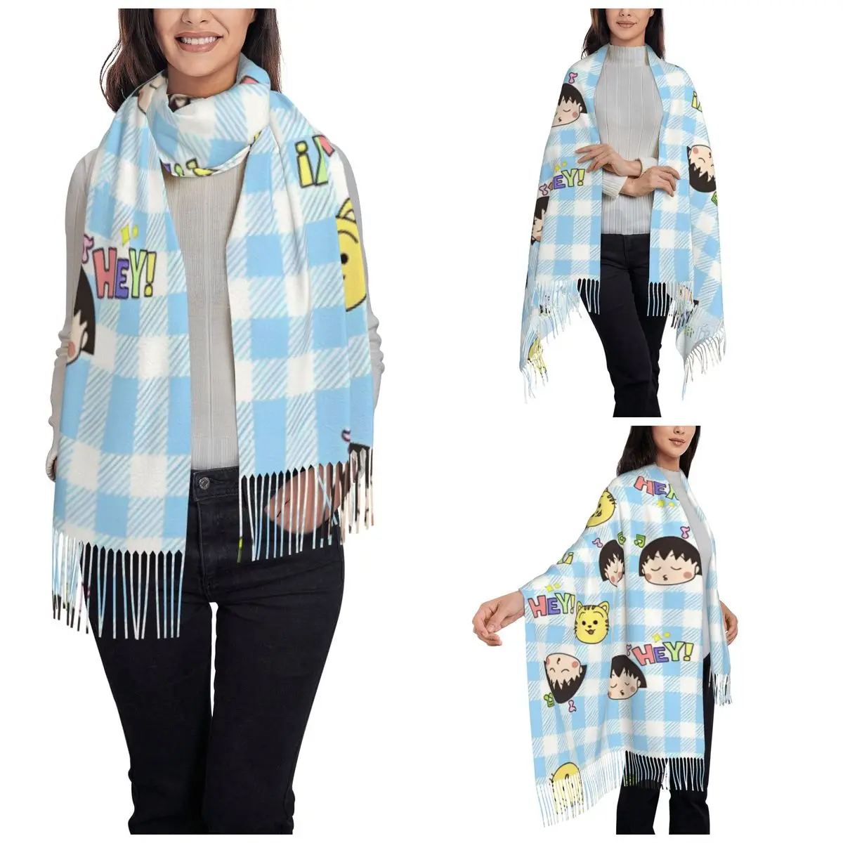 Womens Tassel Scarf Chibi Maruko Chan Large Super Soft Shawl and Wrap Cute Girl Daily Wear Cashmere Scarf