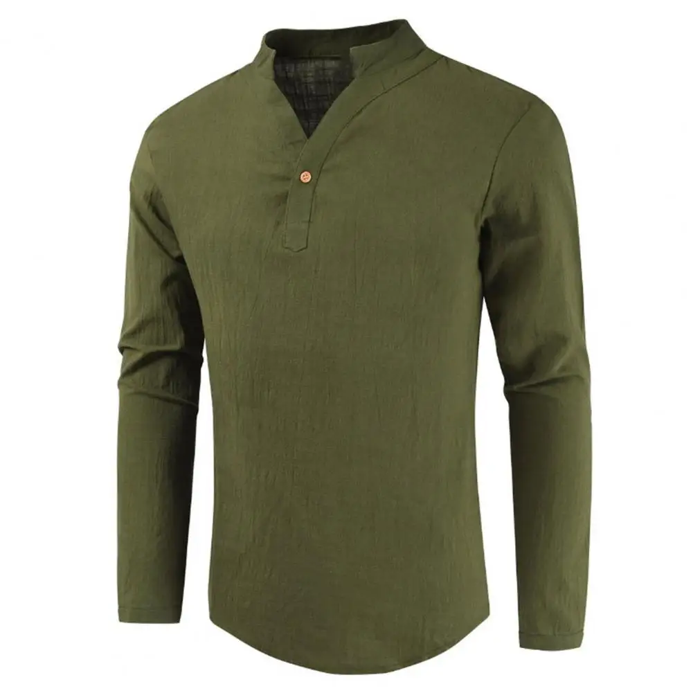 Men T-shirt Solid Color V Neck Casual One Button Spring Shirt for Daily Wear