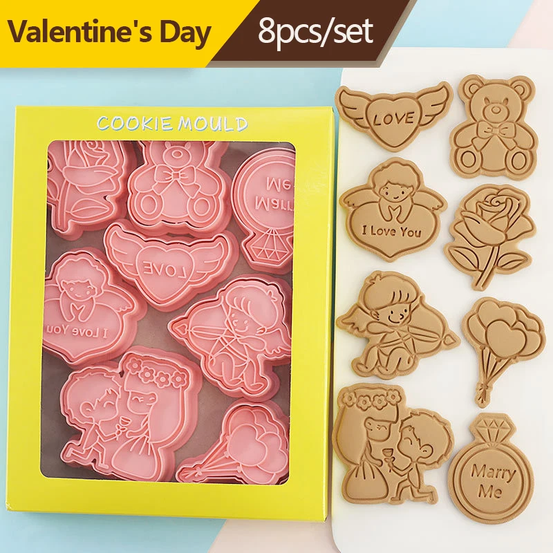 3D Cartoon Wedding Valentine's Day Cookie Mould Plastic Biscuit Mold Rose Flower Love Heart Archery Cupid Baking Cookie Cutter