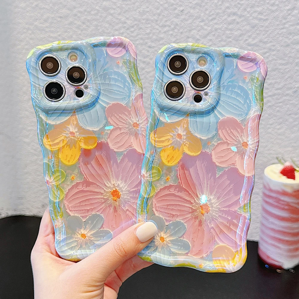 Flowers Phone Case For iphone 15 14 13 12 11 Pro Max Blue Light Wavy border Soft Silicone Protect Camera Lens Shockproof Cover