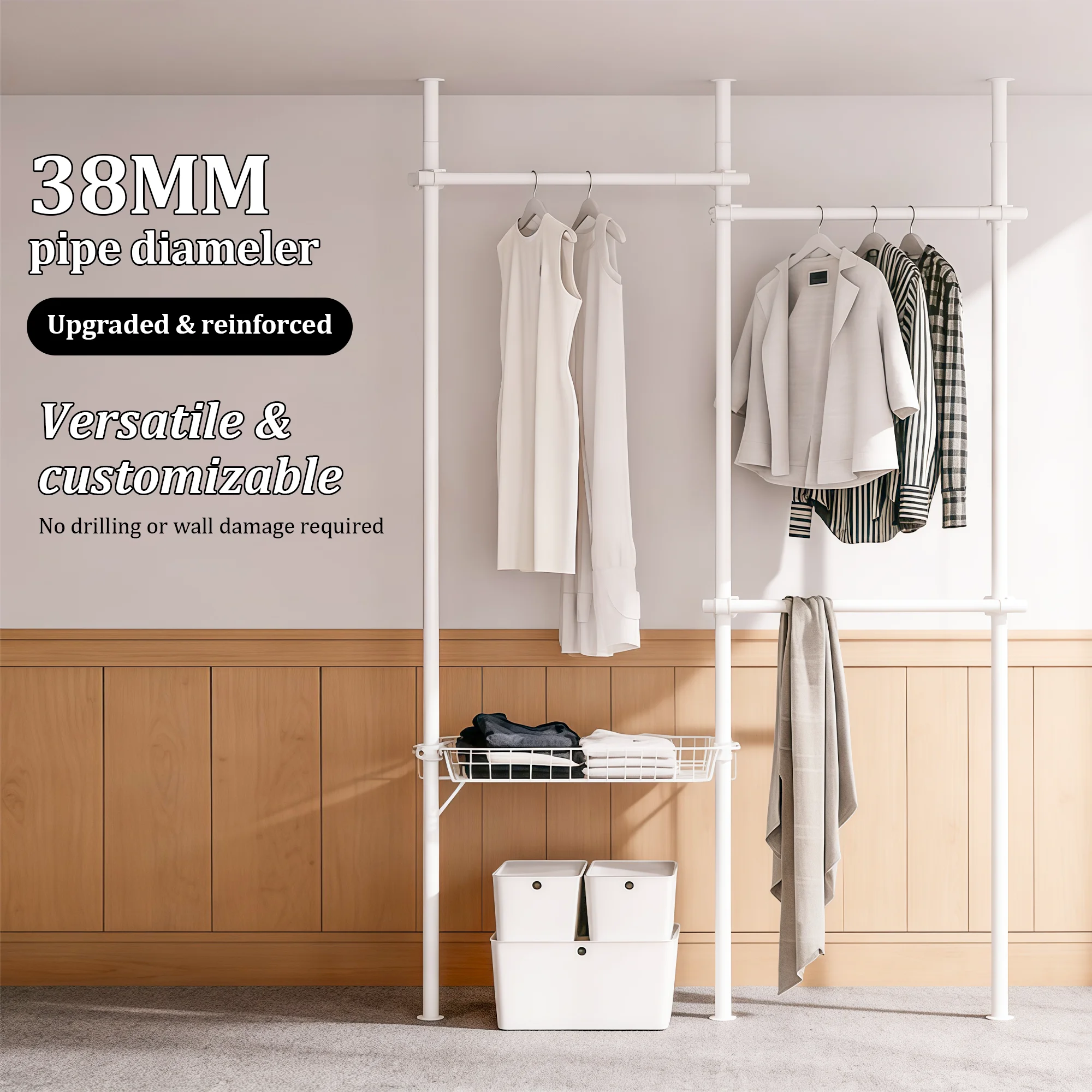 Armoire télescopique sur pied, porte-vêtements du sol au plafond, 6 barres de support avec bras de maintien, hauteur réglable sur 3 niveaux, 2 étagères de rangement amovibles, armoire autoportante gain de place, idéale pour les locataires, chambre à coucher, usage domestique