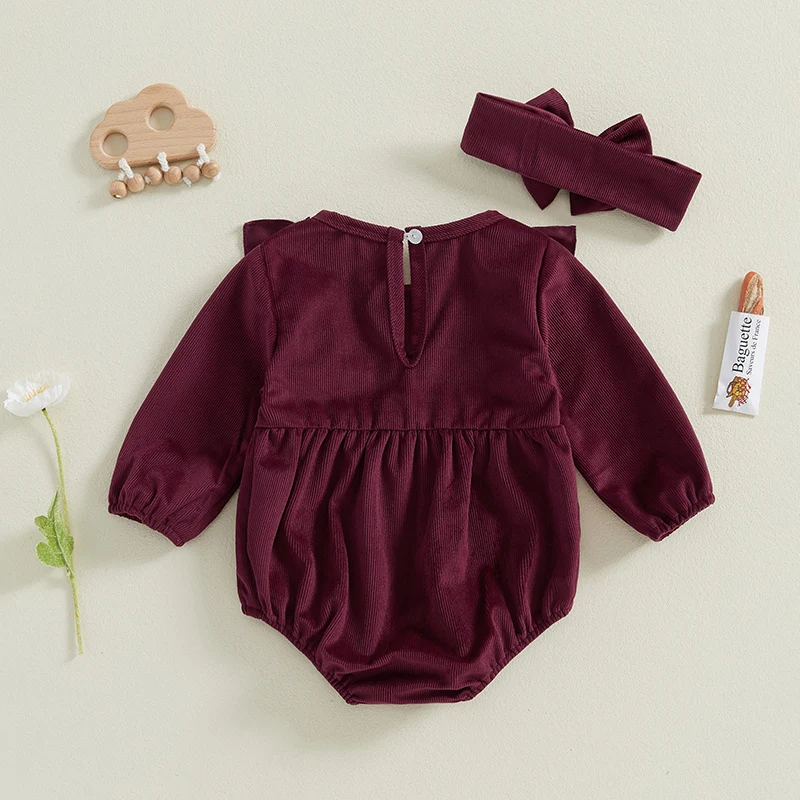 2-Piece Baby Girls Velvet Set Ruffled Trim Long Sleeve Round Neck Romper Headband Adorable Outfits