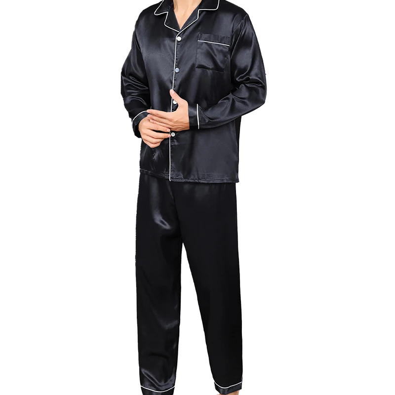 Two piece sets men\'s pajamas autumn and winter silk satin long sleeved pants casual simple solid color sleepwear set