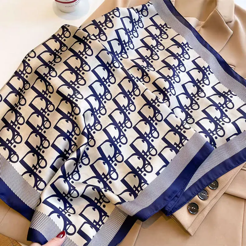 Women's Faux Silk Scarf 70 Spring Summer Autumn Fashion Printed Letter Scrimple on Tote with Matching Small Square Shawl for Mom