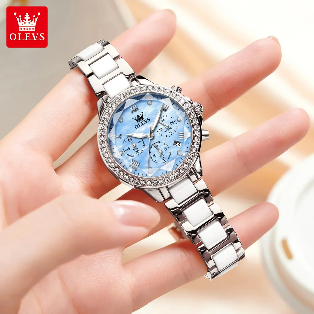 OLEVS Women\'s Watches Fashion Luxury Rhinestone luminous waterproof Bezel Ceramic Strap Quartz Women watch for Women Reloj mujer