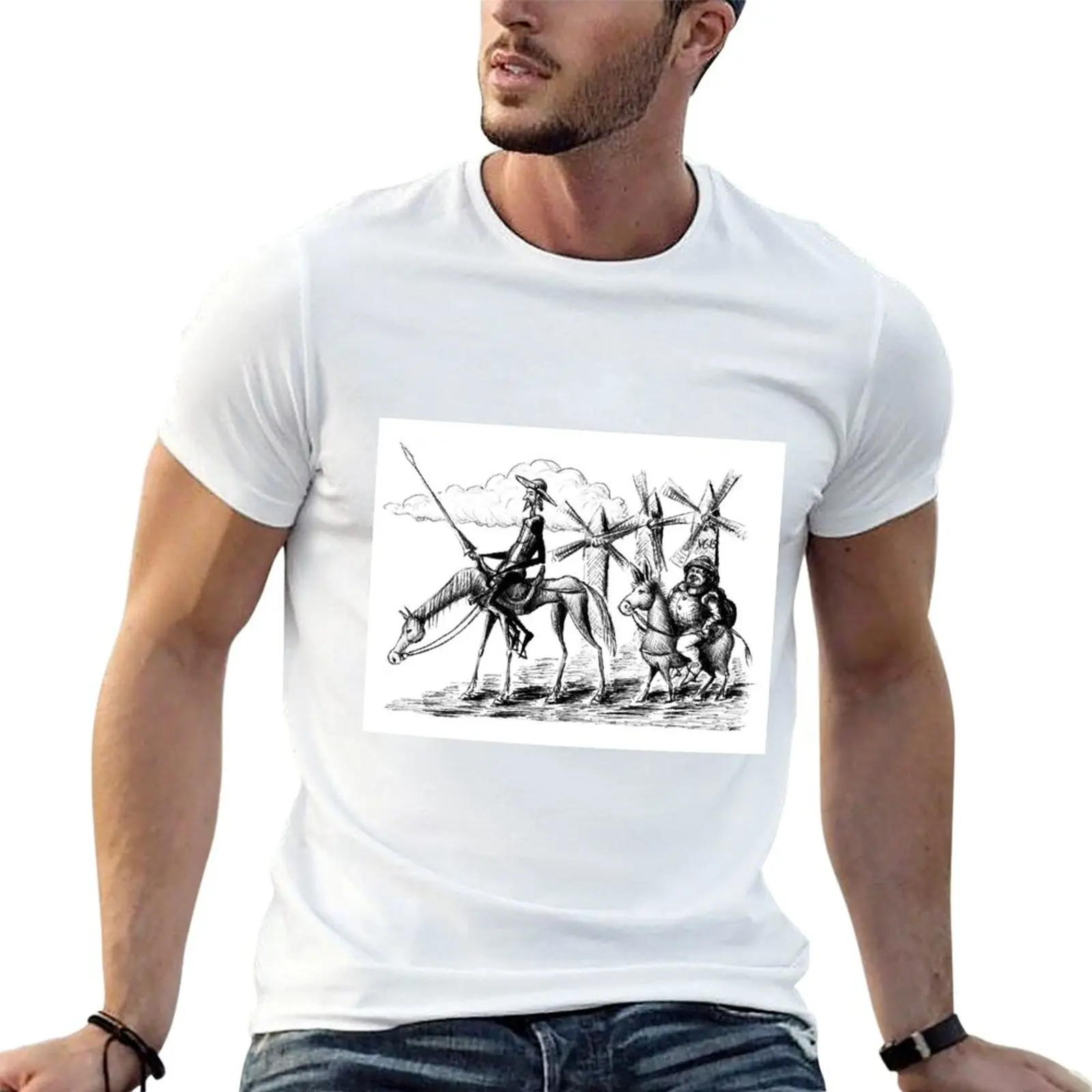 Don Quixote and Sancho Panza ink drawing T-Shirt Breathable Basic Cotton T-Shirt