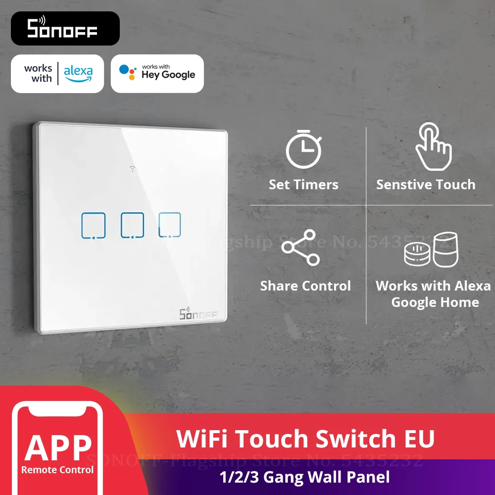 Itead SONOFF Smart Touch Switch T0EU 1/2/3 Gang Wifi Wall Light Switch Glass Remote Control WorkWith Alexa Google Home e-Welink