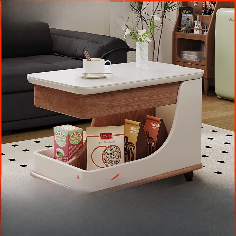 

Solid wood mobile coffee table rock slab trolley storage sofa side table