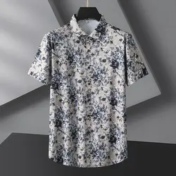 Camisa de manga corta para hombre, camisa informal de negocios con cuello cuadrado, estampado de tela de seda helada, hilera única, botones múltiples, a la moda, suelta, Verano