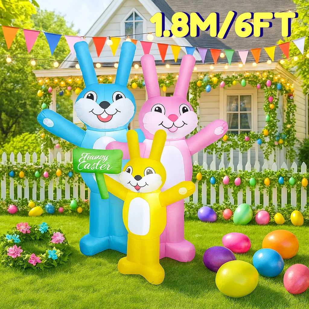 

6 футов Пасхальные три кролика семейный надувной декор со светодиодной подсветкой взорвать воздушный сад уличная вечеринка праздник надувные украшения