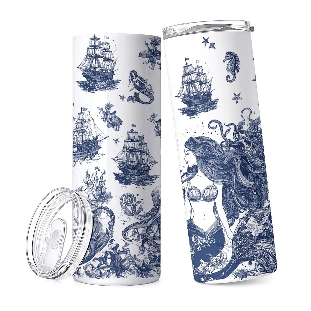1pc 20oz Vintage Nautical Mermaid And Sailing Ship Sketch Stainless Steel Insulated Tumblers Coffee Office Travel Mug with Lid Cup Daily Use Leakproof And Bpa Free Keep Drink Hot And Cold Ideal Gift for Friends Family Colleagues On Birthday Christmas