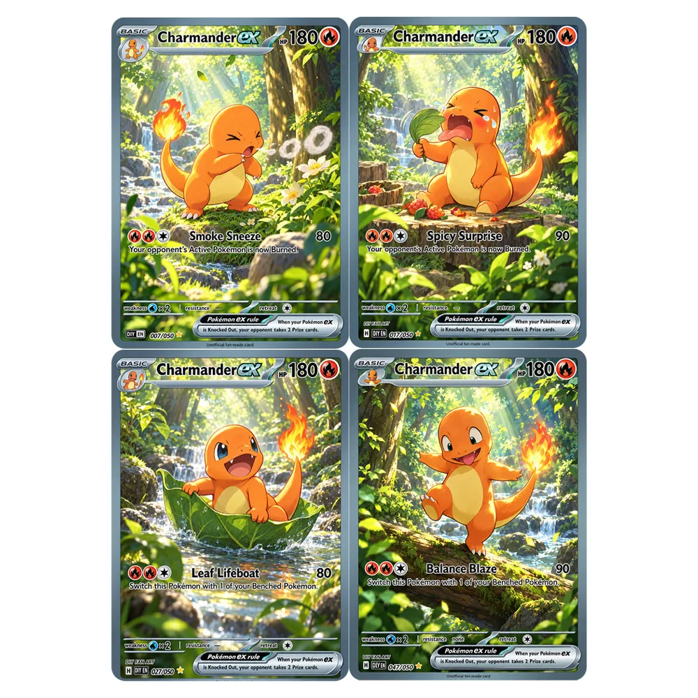 4 pièces/ensemble, collection de cartes à collectionner DIY, série d'expressions amusantes Charmander Forêt anglaise, cartes de jeu holographiques Fan-Art
