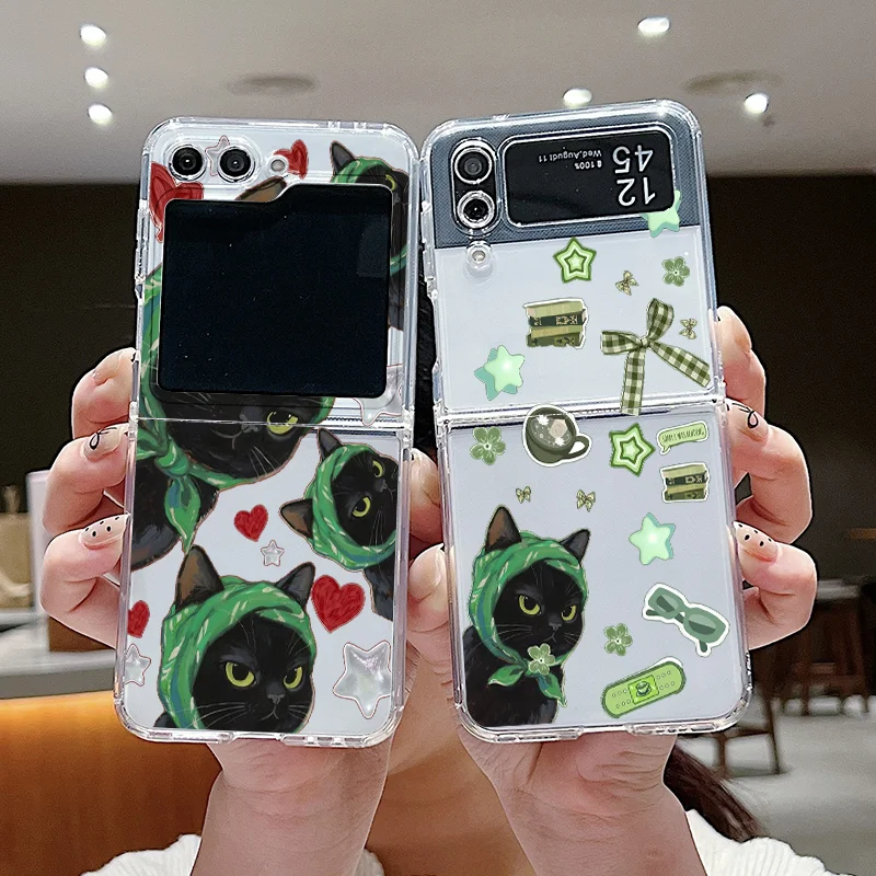 Cartoon Green Turban Black Cat Phone Case For Samsung Galaxy Z Flip8 Z Flip 5 Shockproof Cover for Samsung ZFlip 6 4 3 7 Shell